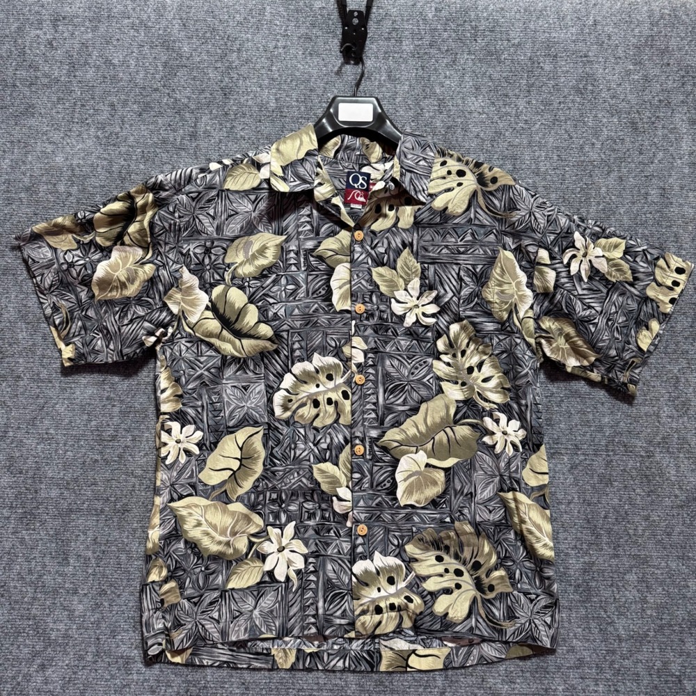 Vintage Quiksilver Loop Collar Shirt Mens M Tropical Monstera Floral Aloha Shirt - Picture 4 of 10